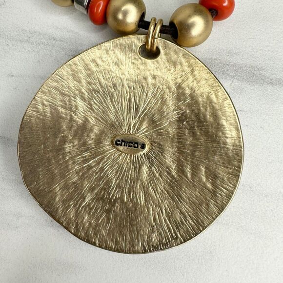 Chicos Orange Gold Tone Beaded Cord Studded Boho Pendant Necklace ✨ - Picture 7 of 8